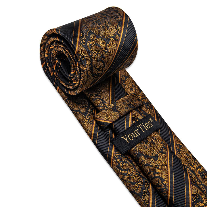 Men's Necktie Black Gold Floral Tie Hanky Cufflinks Set