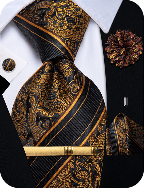 Black Gold Paisley Men's Necktie Brooch Set for Suit Blazer