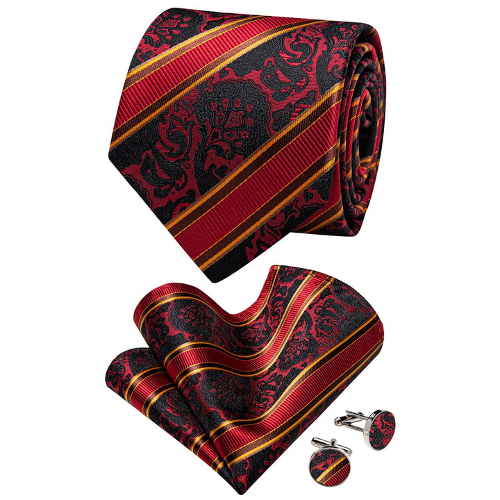 Men's Tie Red Burgundy Yellow Jacquard Striped Necktie Set