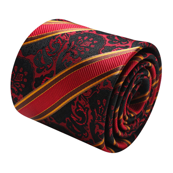Men's Tie Red Burgundy Yellow Jacquard Striped Necktie Set