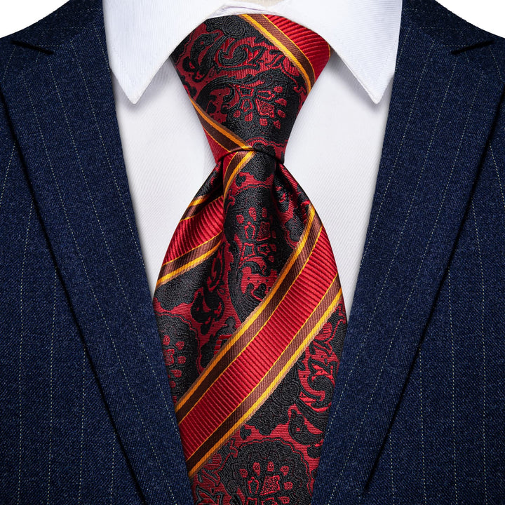  Red Ties Black Jacquard Pattern Gold Stripes Novelty Tie Set