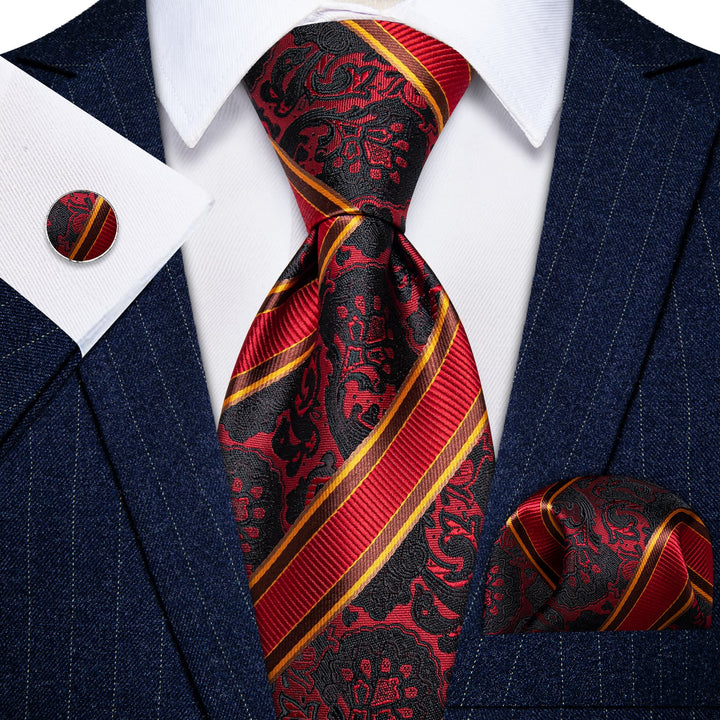  Red Ties Black Jacquard Pattern Gold Stripes Novelty Tie Set