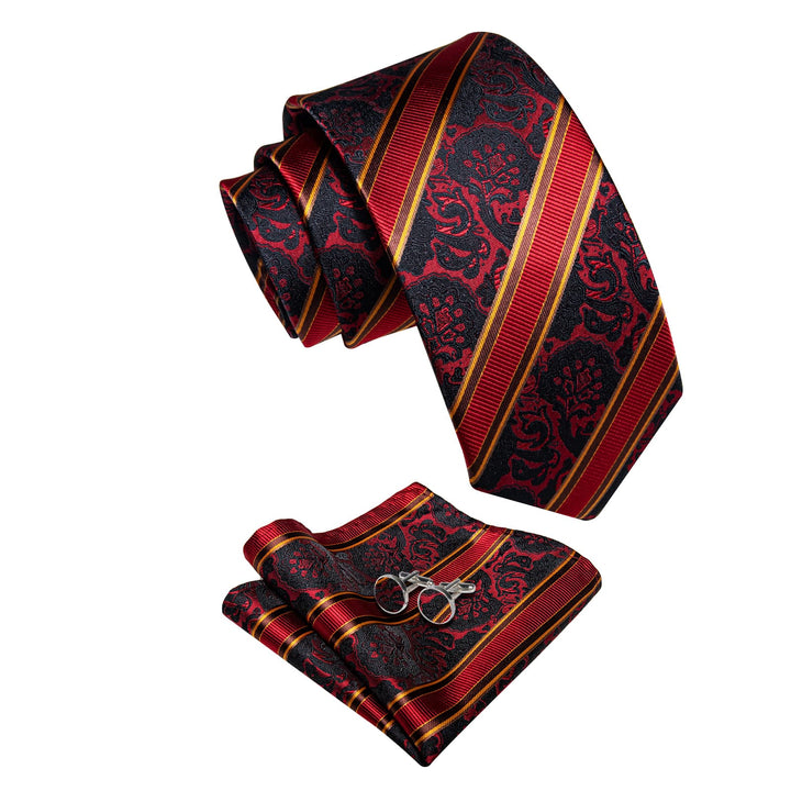 Red Ties Black Jacquard Pattern Gold Stripes Novelty Tie Set