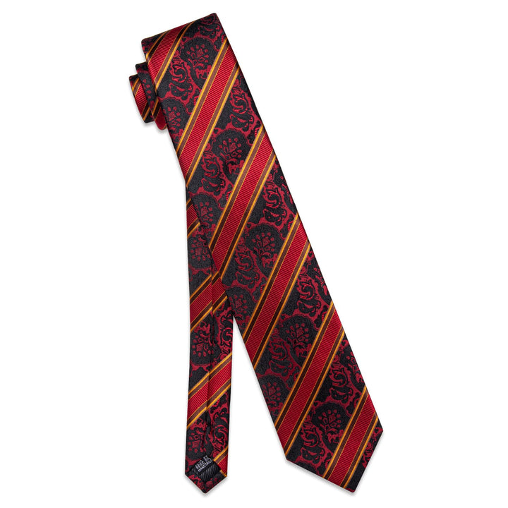 Red Ties Black Jacquard Pattern Gold Stripes Novelty Tie Set