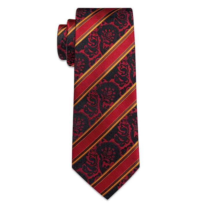 Red Ties Black Jacquard Pattern Gold Stripes Novelty Tie Set