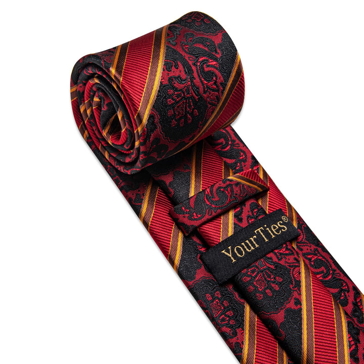 Red Ties Black Jacquard Pattern Gold Stripes Novelty Tie Set