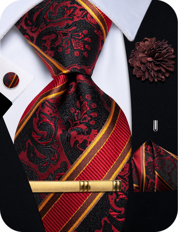  Men's Tie Red Burgundy Yellow Jacquard Striped Necktie Set