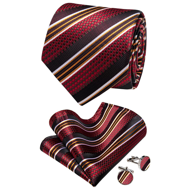  Men's Tie Red Burgundy Brown Jacquard Striped Necktie Set