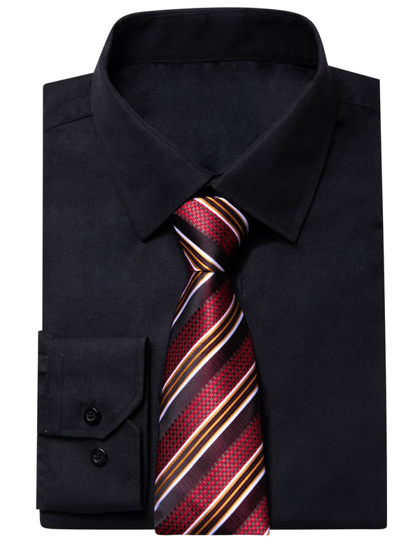 YourTies Black Solid Long Sleeve Shirt with Red Burgundy Striped Silk Tie for Men