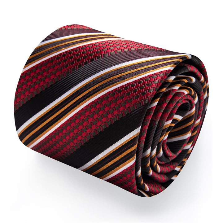  Men's Tie Red Burgundy Brown Jacquard Striped Necktie Set