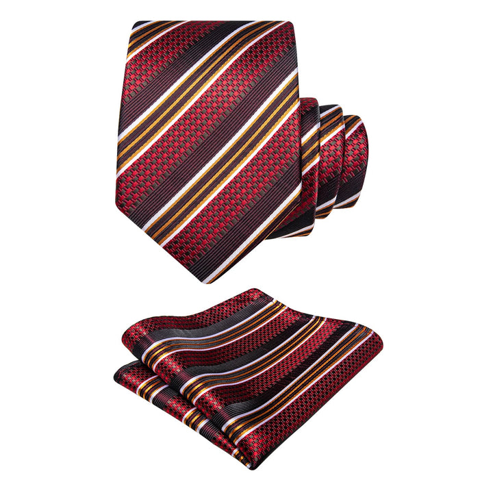  Men's Tie Red Burgundy Brown Jacquard Striped Necktie Set