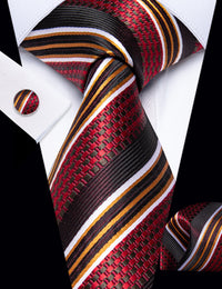 YourTies Red Ties Burgundy gold White Stripes Novelty Men Necktie Set