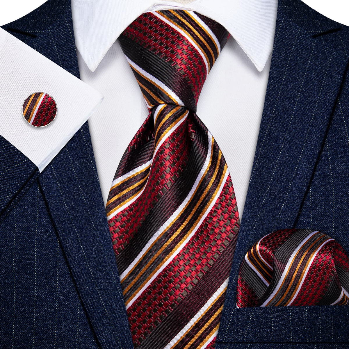 Red Ties Burgundy gold White Stripes Novelty Men Necktie Set