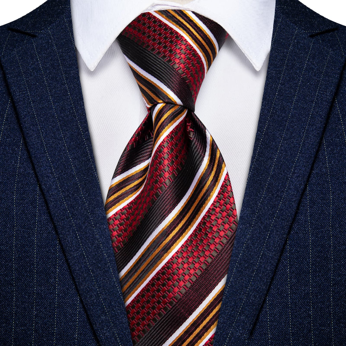 Red Ties Burgundy gold White Stripes Novelty Men Necktie Set