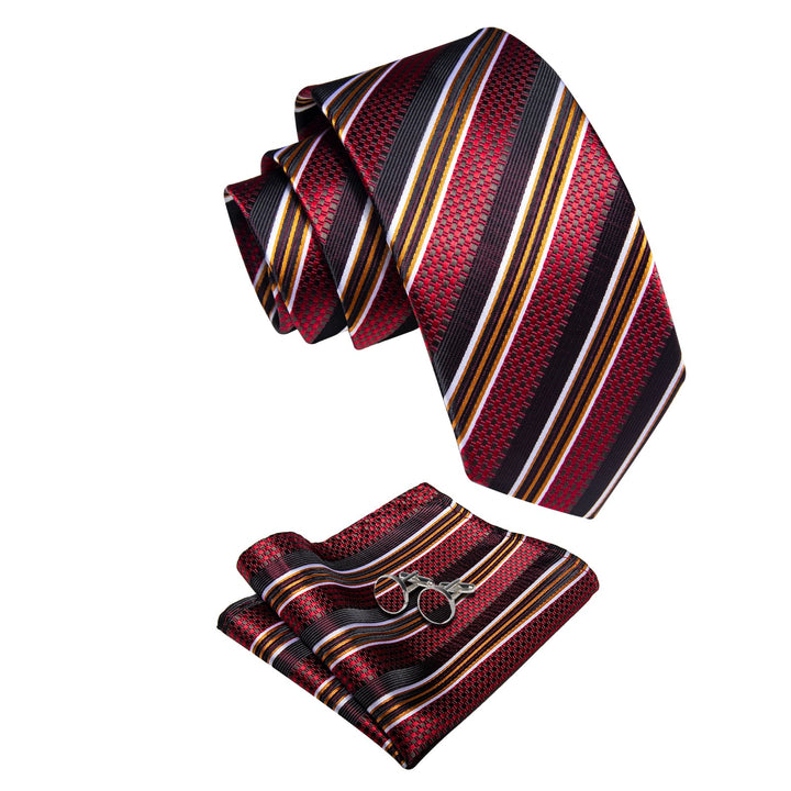 Red Ties Burgundy gold White Stripes Novelty Men Necktie Set