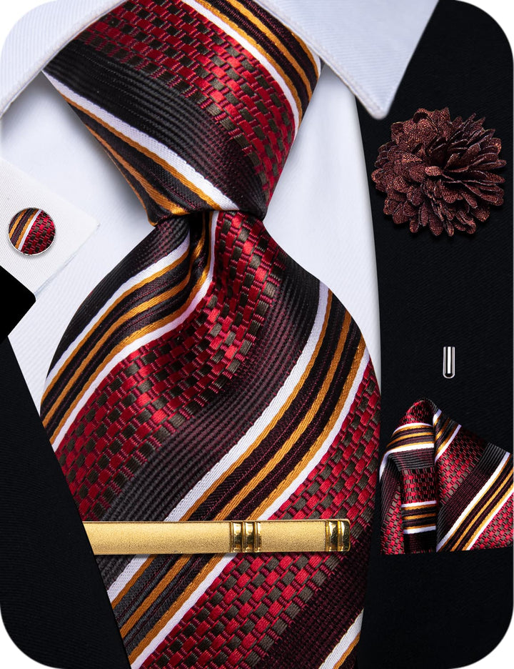  Men's Tie Red Burgundy Brown Jacquard Striped Necktie Set