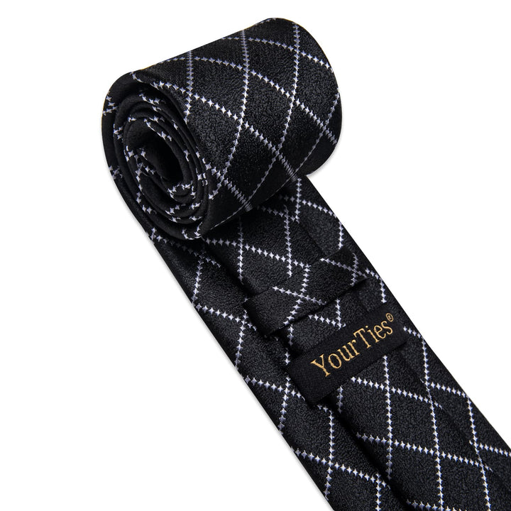  Black Necktie Silver Grey Checkered Men's Wedding Tie Set