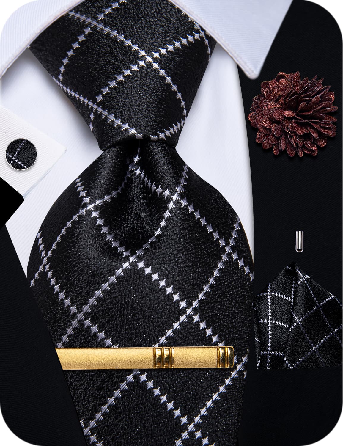 Men's Tie Black White Checkered Men's Necktie Brooch Clip Set