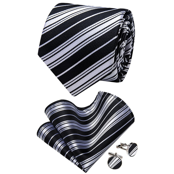 Men's Tie Black Grey Striped Men's Necktie Brooch Clip Set