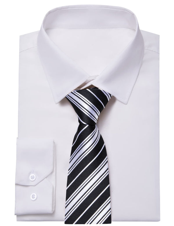 YourTies White Solid Long Sleeve Shirt with Black White Striped Silk Tie for Men