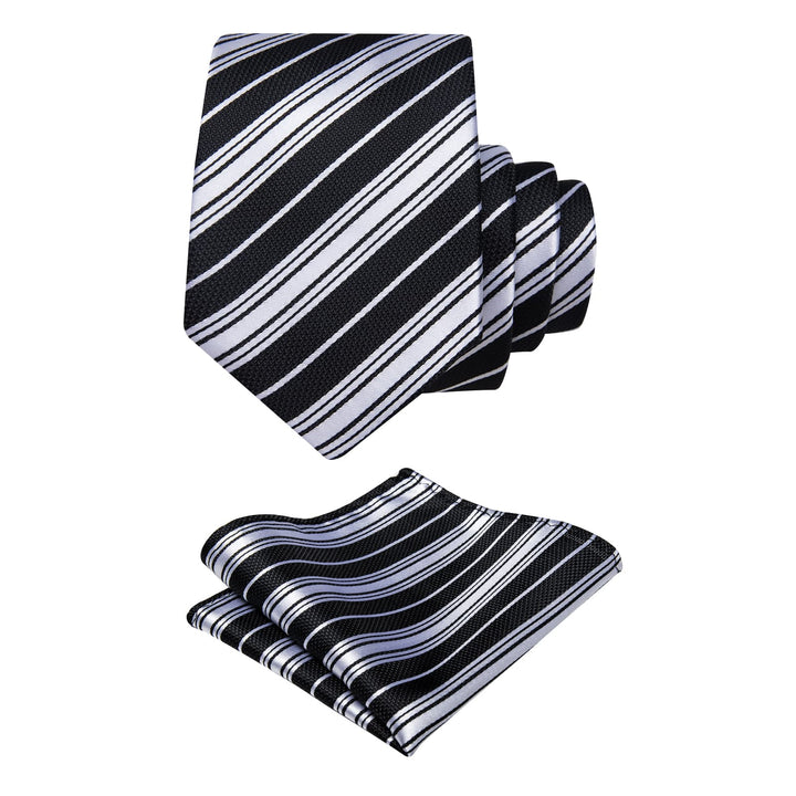  Black Necktie Silver Grey Stripes Men's Tie Pocket Square Set