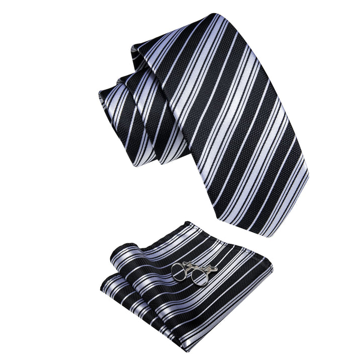  Black Necktie Silver Grey Stripes Men's Tie Pocket Square Set