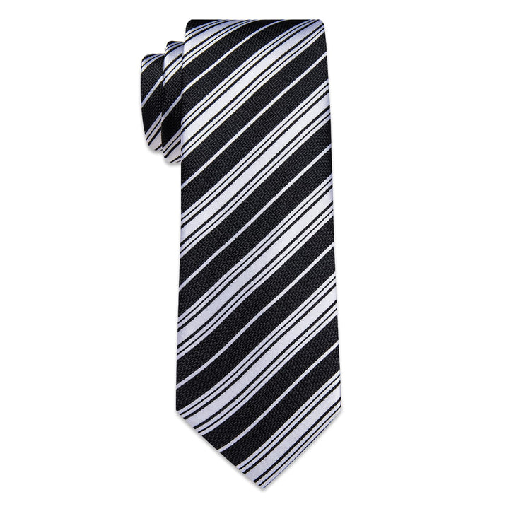  Black Necktie Silver Grey Stripes Men's Tie Pocket Square Set