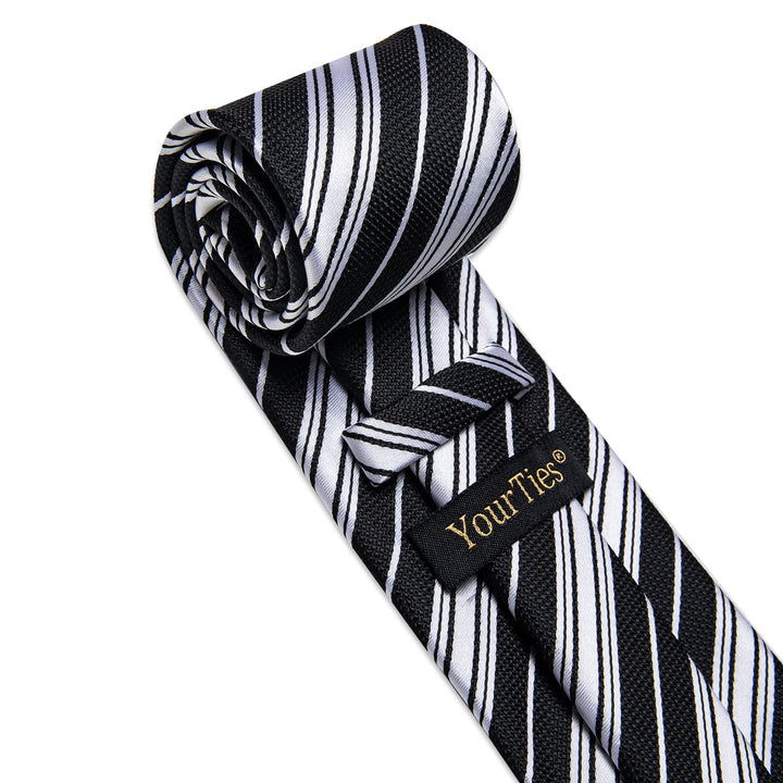  Black Necktie Silver Grey Stripes Men's Tie Pocket Square Set