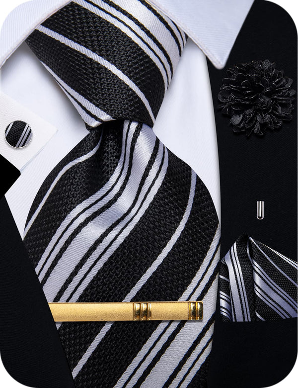 YourTies Men's Tie Black Grey Striped Men's Necktie Brooch Clip Set