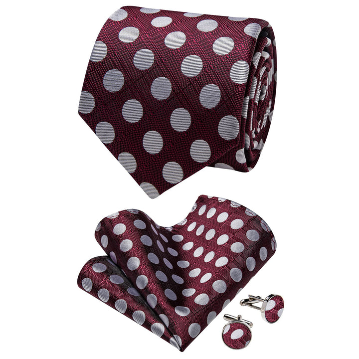 Men's Tie Burgundy Grey Polka Dots Necktie Brooch Clip Set