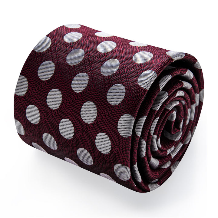 Men's Tie Burgundy Grey Polka Dots Necktie Brooch Clip Set