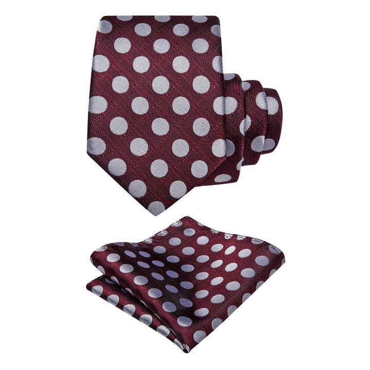 Men's Tie Burgundy Grey Polka Dots Necktie Brooch Clip Set