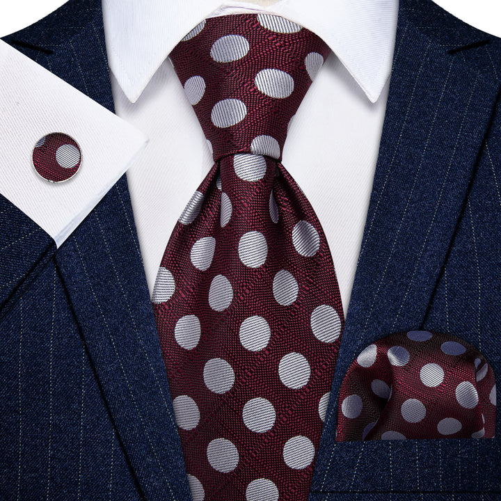 Burgundy Tie Silver Dots Mens Tie Pocket Square Cufflinks Set