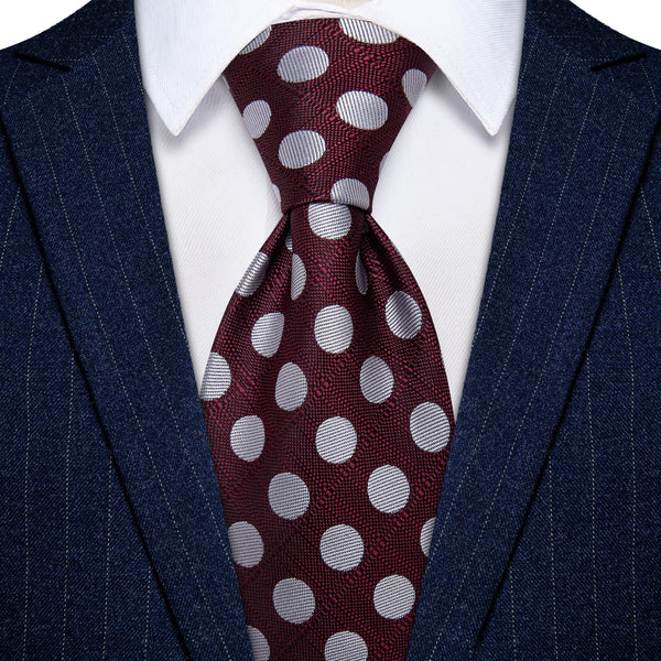 Burgundy Tie Silver Dots Mens Tie Pocket Square Cufflinks Set