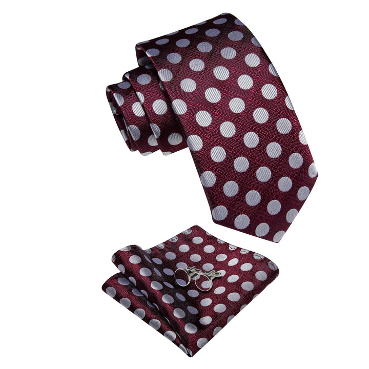  Burgundy Tie Silver Dots Mens Tie Pocket Square Cufflinks Set