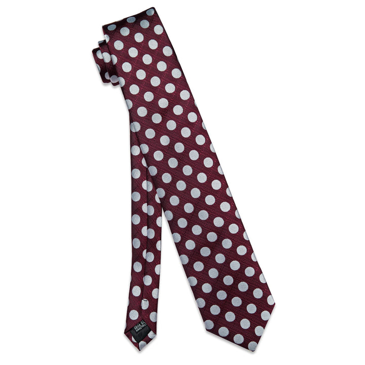  Burgundy Tie Silver Dots Mens Tie Pocket Square Cufflinks Set