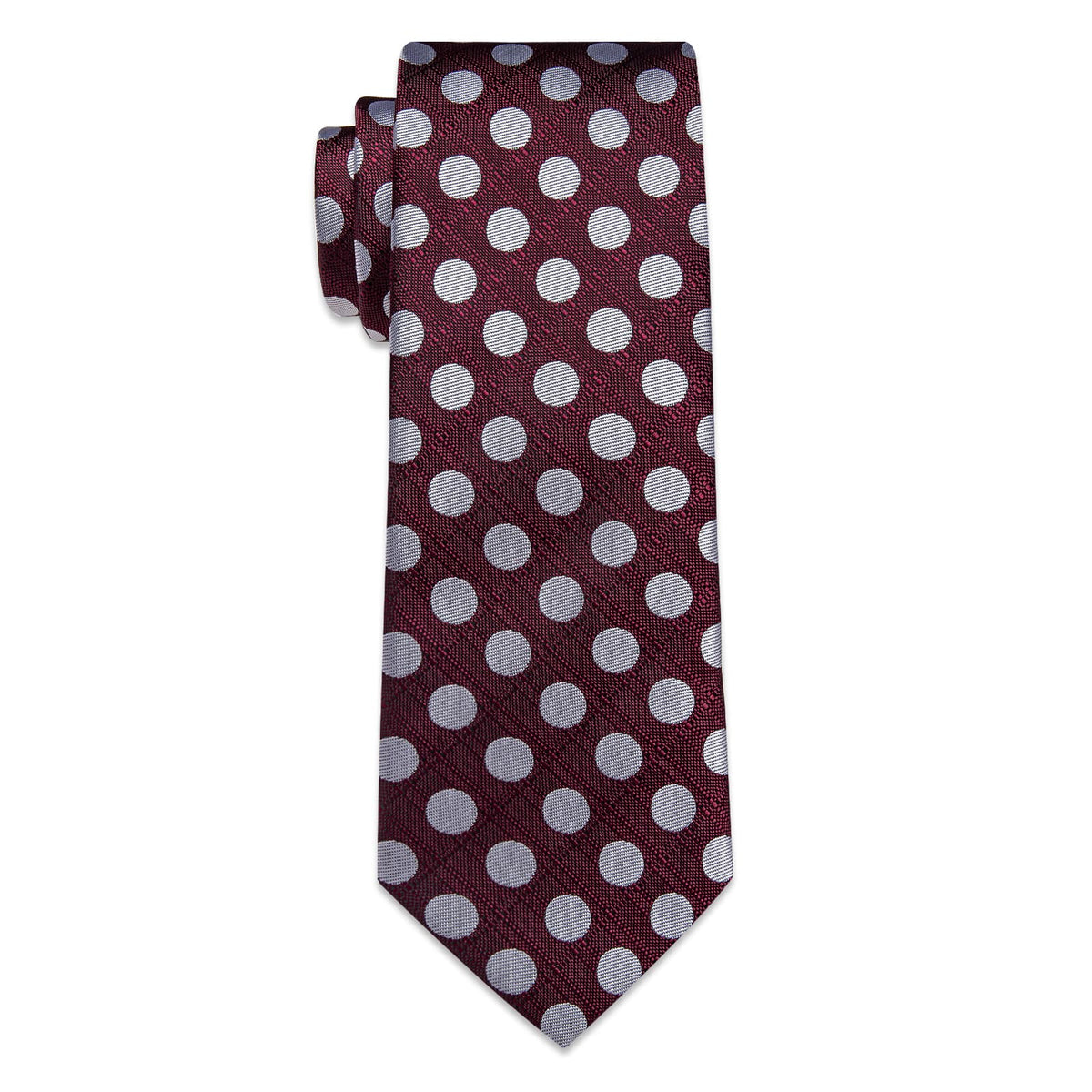  Burgundy Tie Silver Dots Mens Tie Pocket Square Cufflinks Set