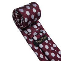  Burgundy Tie Silver Dots Mens Tie Pocket Square Cufflinks Set