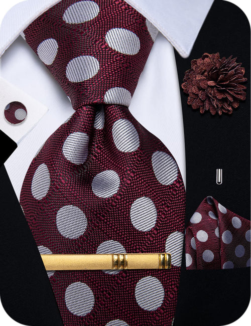 Men's Tie Burgundy Grey Polka Dots Necktie Brooch Clip Set
