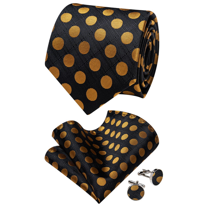 YourTies Men's Tie Black Gold Polka Dots Necktie Brooch Clip Set