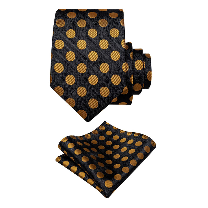 YourTies Men's Tie Black Gold Polka Dots Necktie Brooch Clip Set