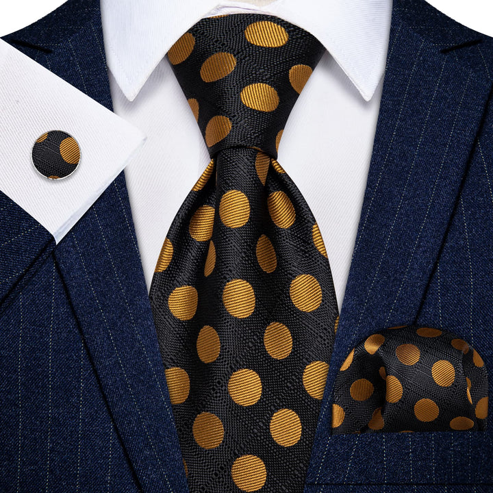  Black Tie Gold Dots Men's Necktie Pocket Square Cufflinks Set