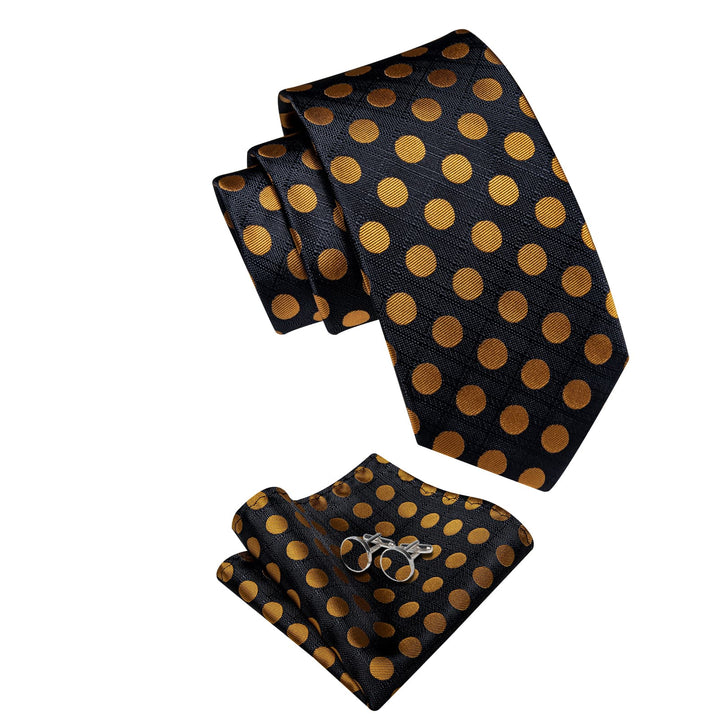 Black Tie Gold Dots Men's Necktie Pocket Square Cufflinks Set