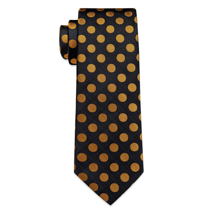 Black Tie Gold Dots Men's Necktie Pocket Square Cufflinks Set