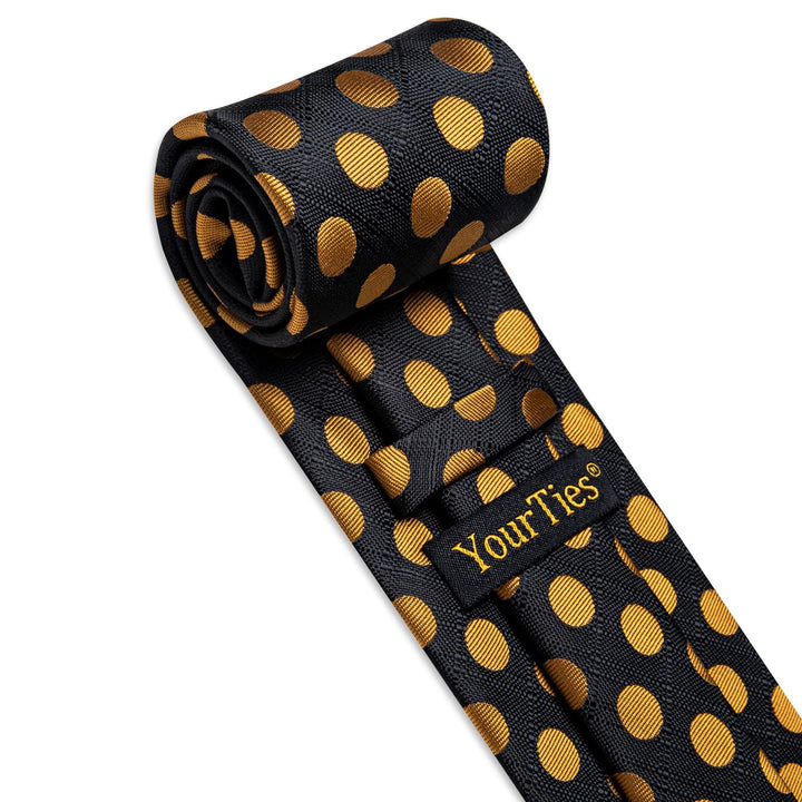 Black Tie Gold Dots Men's Necktie Pocket Square Cufflinks Set