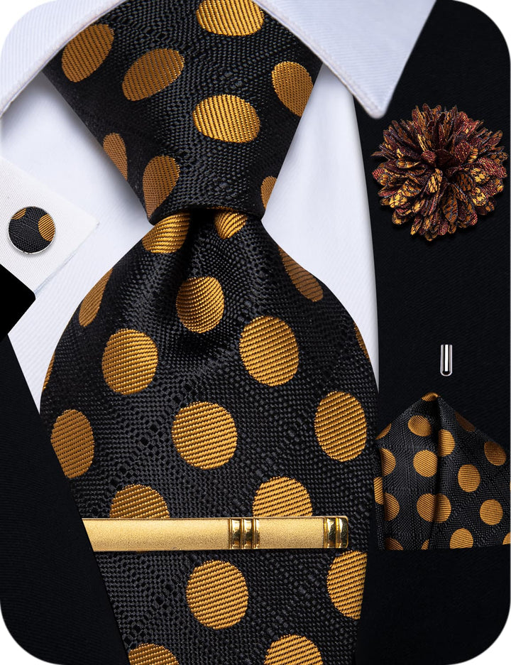  Men's Tie Black Gold Polka Dots Necktie Brooch Clip Set