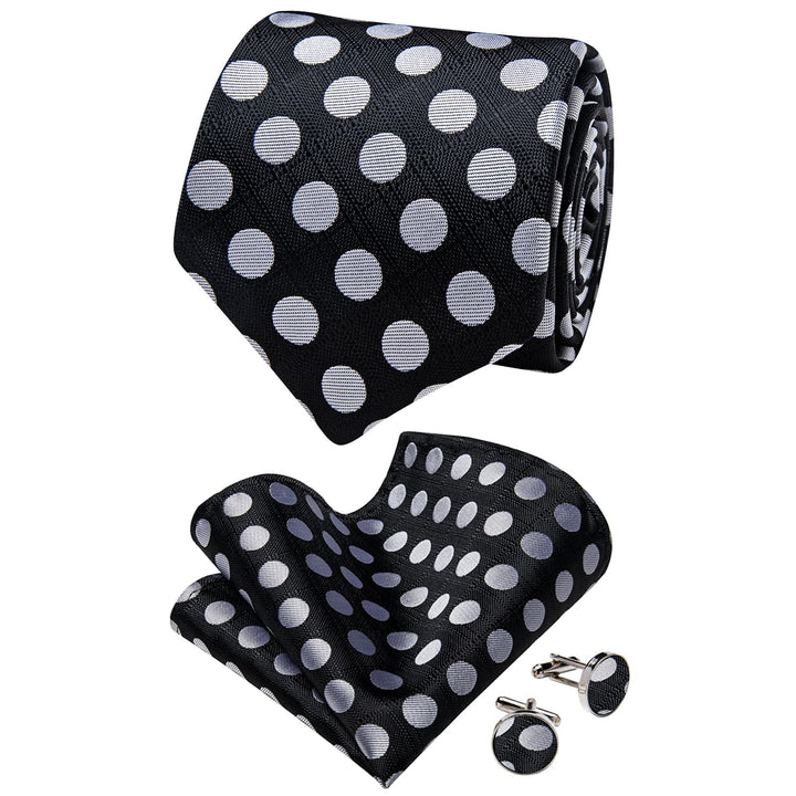  Men's Tie Black Grey Polka Dots Necktie Brooch Clip Set