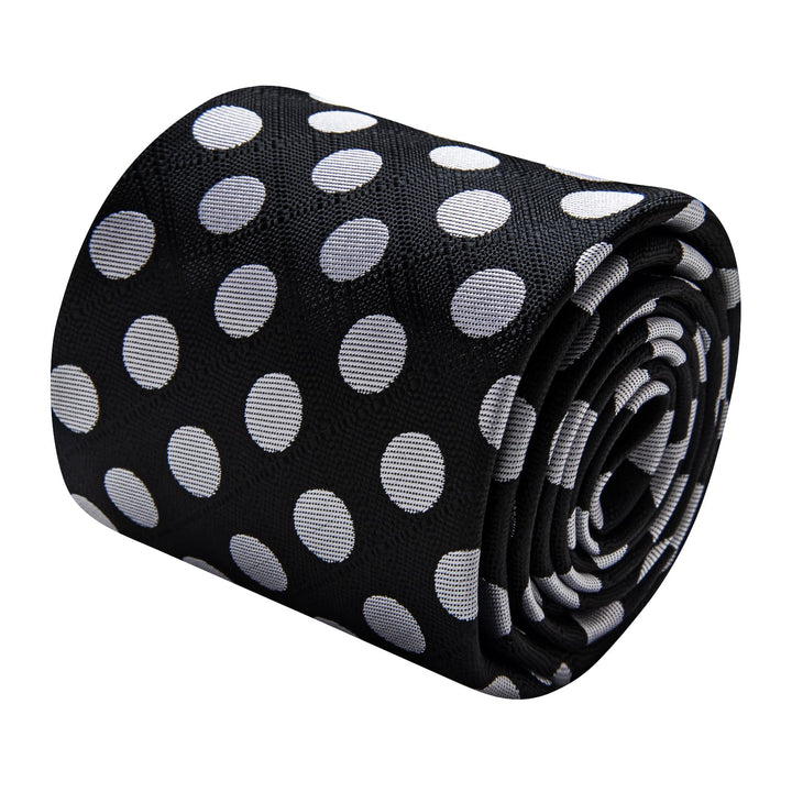  Men's Tie Black Grey Polka Dots Necktie Brooch Clip Set