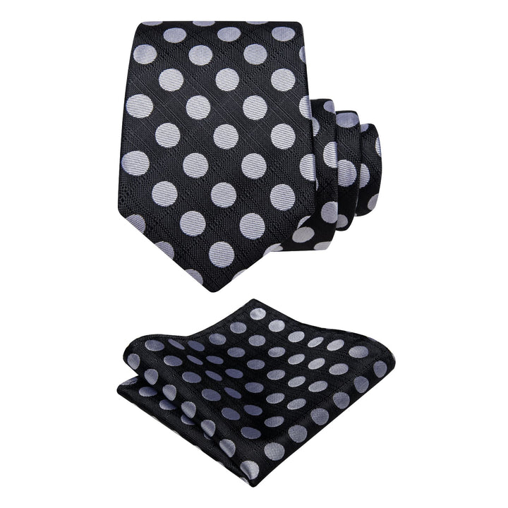  Men's Tie Black Grey Polka Dots Necktie Brooch Clip Set