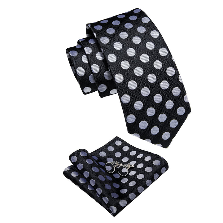  Black Tie Grey Dots Men's Necktie Handkerchief Cufflinks Set